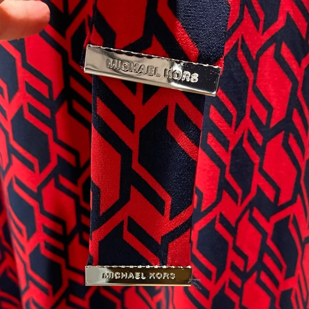 Michael Michael Kors Blouse Top Size L Red Navy Geometric Print Tie Neck - Picture 3 of 11
